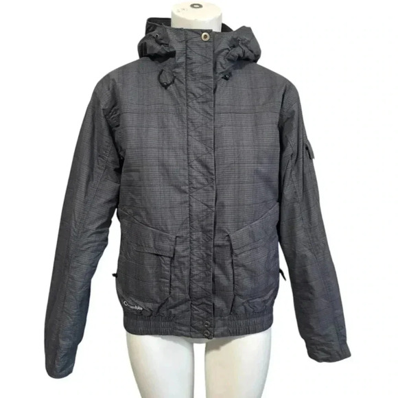 COLUMBIA grey plaid waterproof hiking jacket womens size small - Picture 1 of 14